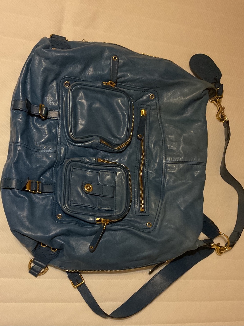 Gucci Darwin large Blue Leather Shoulder Backpack with Gold Hardware